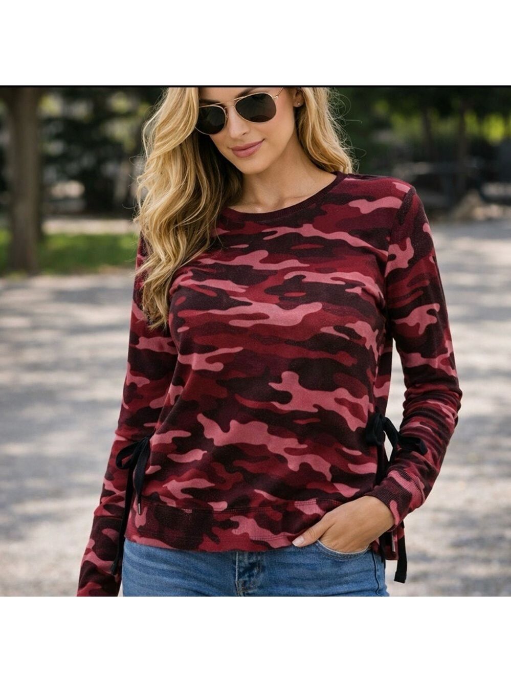 PAM & GELA RED CAMOUFLAGE SIDE-TIE SWEATSHIRT SIZE LARGE